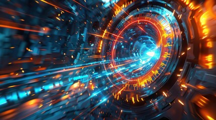 Abstract futuristic tunnel with vibrant light streaks and glowing energy.