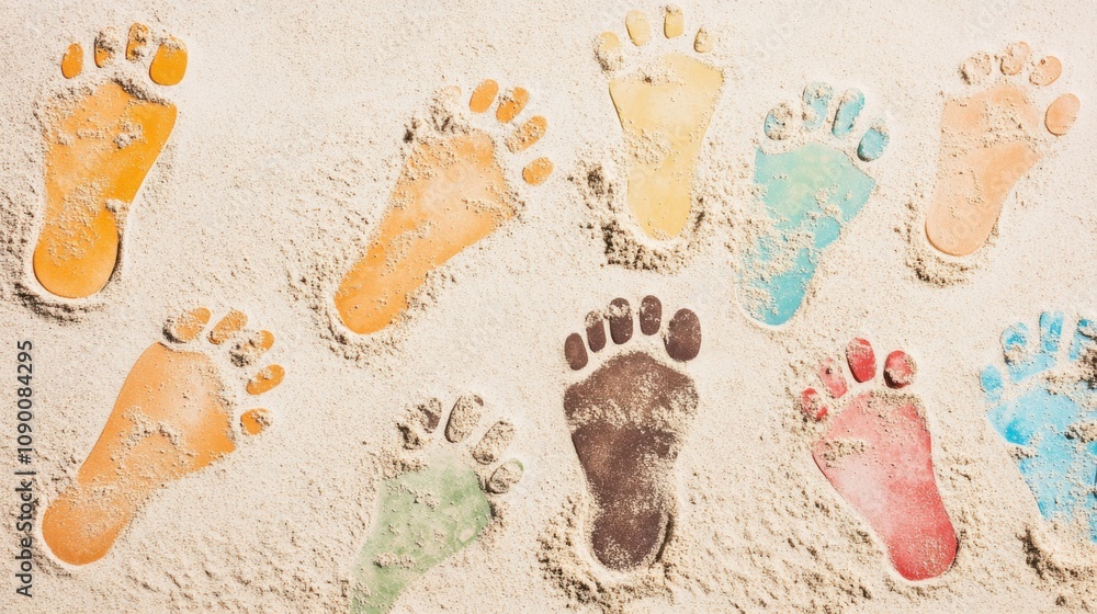 Poster a diverse set of footprints in various colors and sizes imprinted on a sandy beach, symbolizing the 