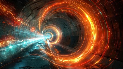 Abstract futuristic tunnel with glowing fiery and icy swirls.