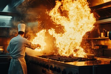 The chef and the big flame on the stove