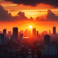 Obraz premium Sunset over an urban skyline with high-rise buildings silhouetted against the sky