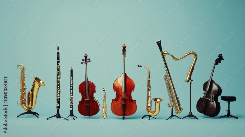 Poster a diverse set of musical instruments forming a symphony, illustrating the harmony and unity achieved