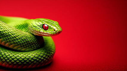 Fototapeta premium Chinese New Year 2025 - Year of Snake concept. A bright green snake with red eyes, coiled on a red background.