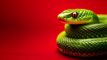 Fototapeta premium Chinese New Year 2025 - Year of Snake concept. A bright green snake with red eyes, coiled on a red background.