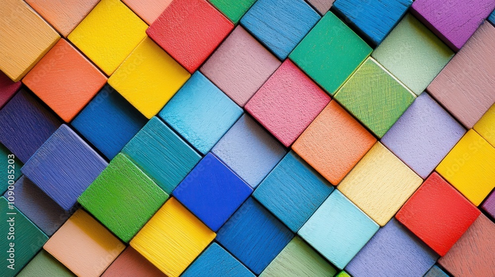 Poster A dynamic arrangement of diverse color blocks creating a fragmented yet cohesive grid, Symbolizing the structured yet varied nature of inclusive communities, photography style