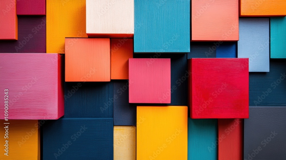 Poster A dynamic arrangement of diverse color blocks creating a fragmented yet cohesive grid, Symbolizing the structured yet varied nature of inclusive communities, photography style