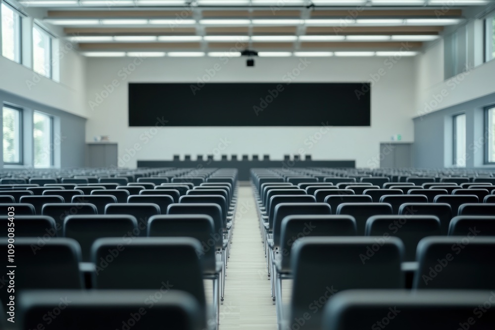 Poster a spacious conference room with rows of empty chairs and a large screen at the front.