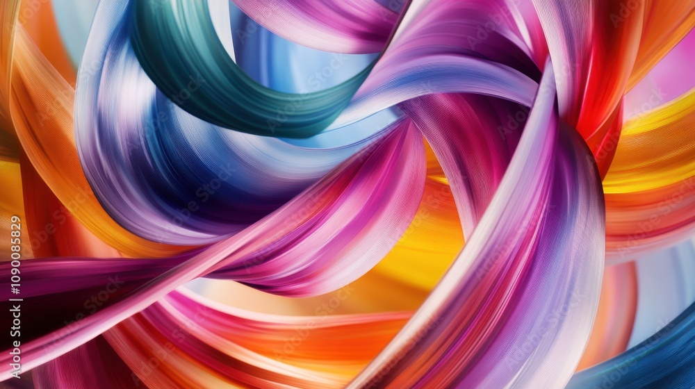 Poster A dynamic composition of swirling, multicolored ribbons intertwining and overlapping, Symbolizing the dynamic interaction and blending of different perspectives