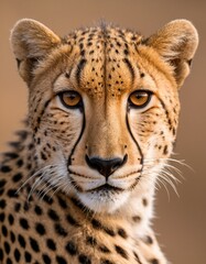 Fototapeta premium A close-up portrait of a cheetah, with a brown background, showcases its distinctive spotted fur and piercing eyes.