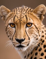 Obraz premium A close-up portrait of a cheetah, with a brown background, showcases its striking features, including its large eyes, long whiskers, and distinctive spotted fur.