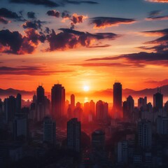 Sunset over an urban skyline with high-rise buildings silhouetted against the sky