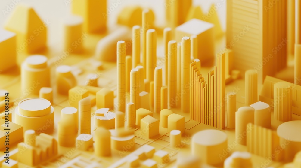 Poster a vibrant yellow cityscape model showcasing various building shapes and urban structures.
