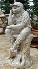 A whimsical bear statue in casual attire, resting on a log and appearing contemplative.