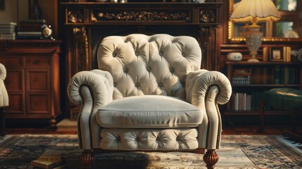Obraz premium Elegant tufted armchair in a classic library setting.