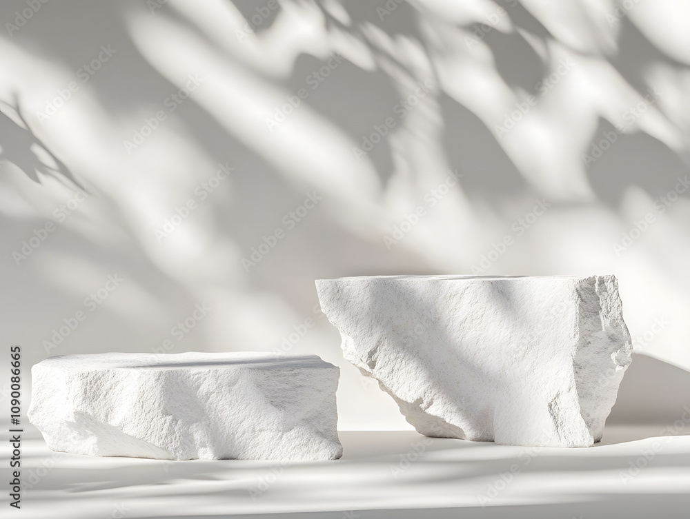 Poster two textured white stone-like objects casting shadows on a light background.