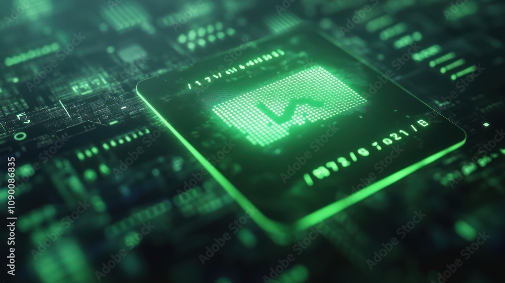 Poster A digital circuit board with a green data graph, symbolizing technology and analytics.