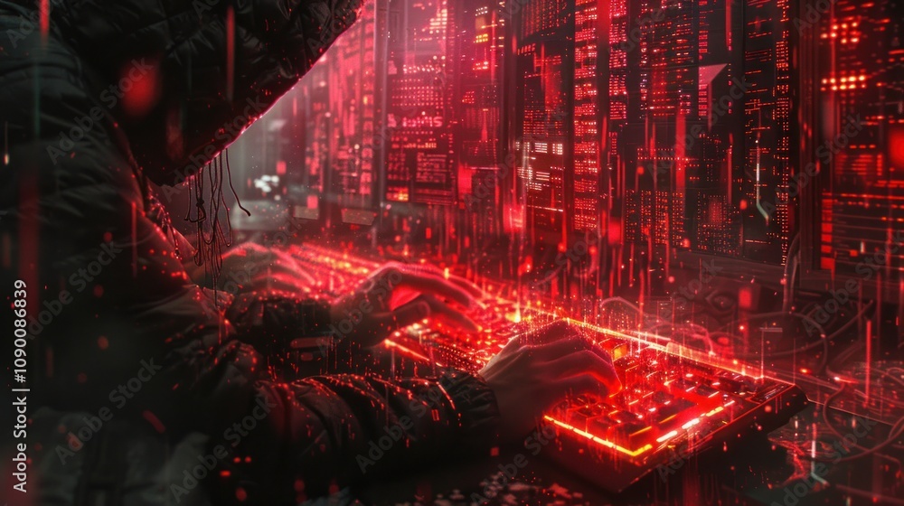 Poster a hooded figure typing on a glowing keyboard in a dark environment.