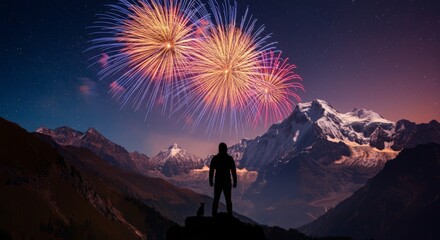 Fototapeta premium silhouette of a person on the top of the mountain looking at fireworks