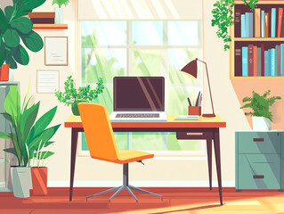 Fototapeta premium Sunny Home Office Workspace with Plants