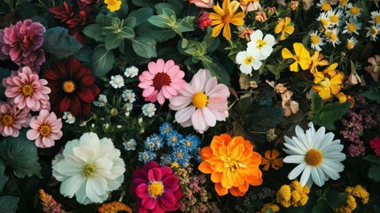 A garden with an array of different flowers blooming together, Illustrating the beauty and harmony of diversity in nature, minimalist composition