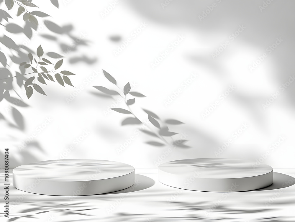 Poster two white circular platforms casting shadows with leaf patterns on a minimalist background.