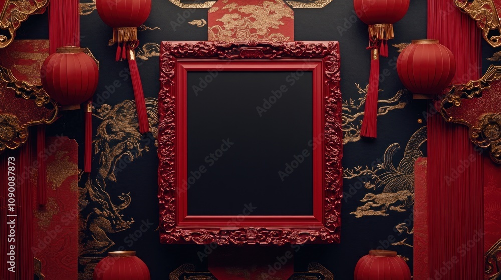 Poster a decorative red frame surrounded by lanterns and ornate patterns, ideal for cultural displays.