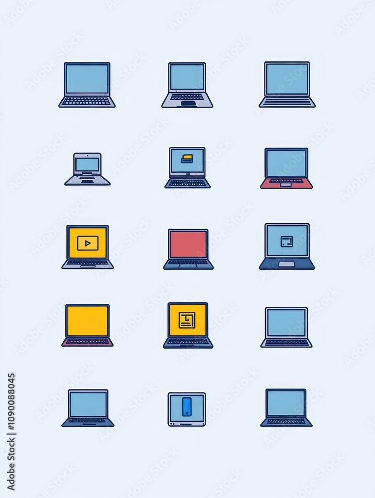 Poster a grid of illustrated laptops, each displaying different screen content and colors.