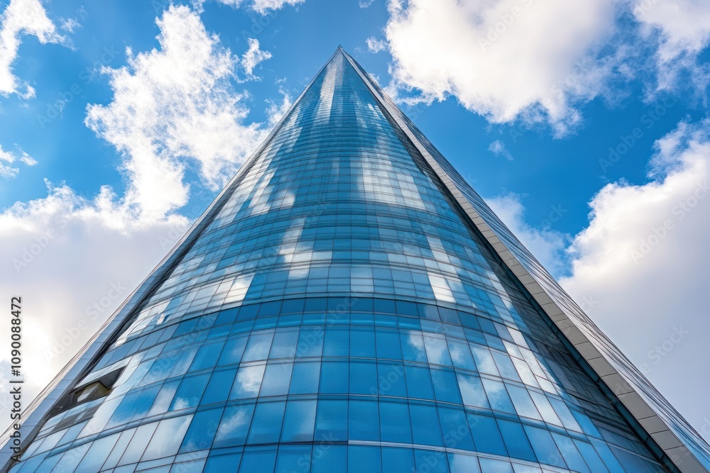 Aufkleber a towering glass skyscraper reflecting clouds and blue sky from a low-angle perspective.