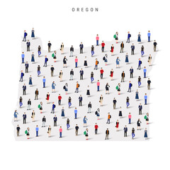 Oregon US state population map. Large group of realistic a diverse crowd of people figures. Flat vector illustration isolated on white.
