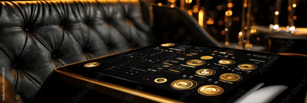 Poster a sleek, modern touchscreen interface on a luxurious table, showcasing various controls and options.