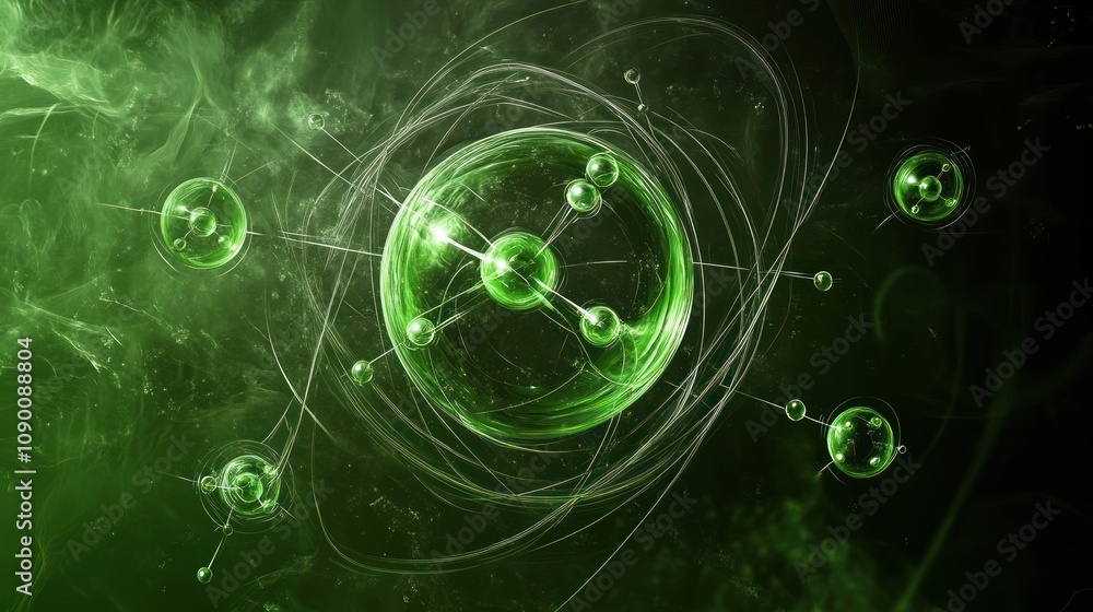 Poster a digital representation of atomic structure with green hues, symbolizing science and energy.