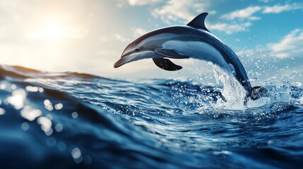 Fototapeta premium Dolphin leaping with joy above ocean waves, sunlight sparkling on sleek blue body