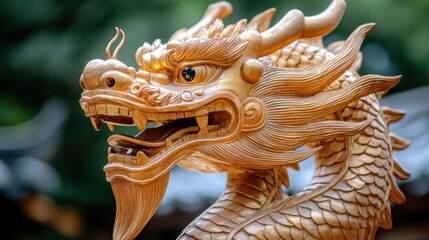 Obraz premium Golden dragon statue head close-up.