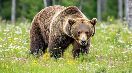 Fototapeta premium A brown bear walking through a colorful wildflower meadow in a forested area.
