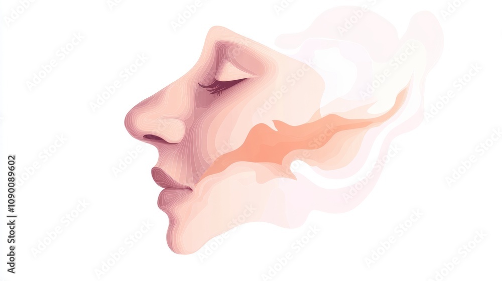Poster a stylized illustration of a serene face in profile, blending soft colors and abstract forms.