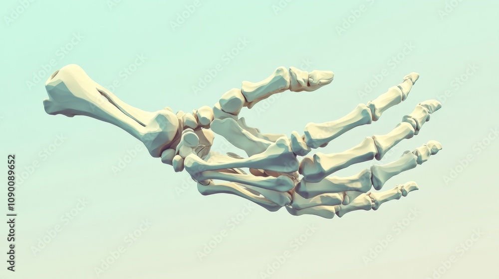 Poster a 3d rendering of a skeletal human hand against a soft background.