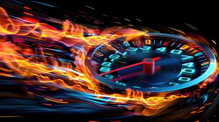 Fiery speedometer needle at high speed.