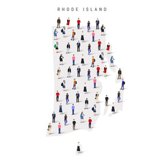 Rhode Island US state population map. Large group of realistic a diverse crowd of people figures. Flat vector illustration isolated on white.