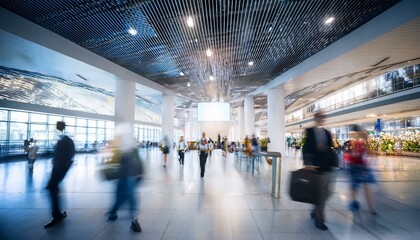 An abstract blur of people at an exhibition hall during a trade show or expo event. The scene depicts a business convention or job fair, serving as a dynamic backdrop for a business-related concept.