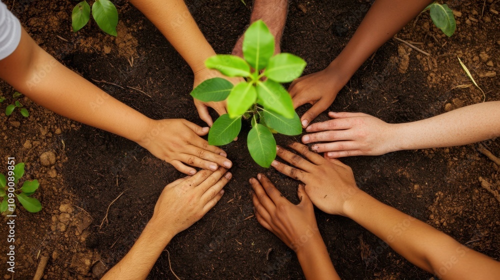 Poster a group of varied hands planting a tree, symbolizing the collective effort towards growth and inclus