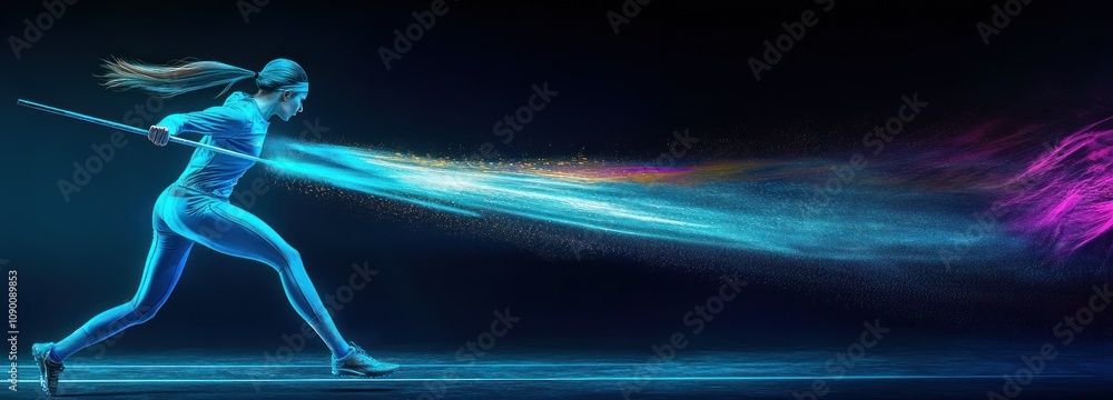 Poster a dynamic figure in motion, wielding a colorful spear that emits vibrant trails of light.