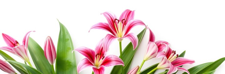 Fototapeta premium fresh green leaves and stems of blooming pink asiatic lily, leafy greens, foliage