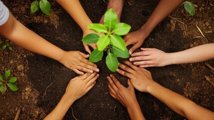 A group of varied hands planting a tree, Symbolizing the collective effort towards growth and inclusivity, minimalistic style