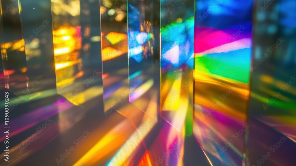 Poster vibrant reflections and spectral light patterns created by glass prisms illuminating a white surface