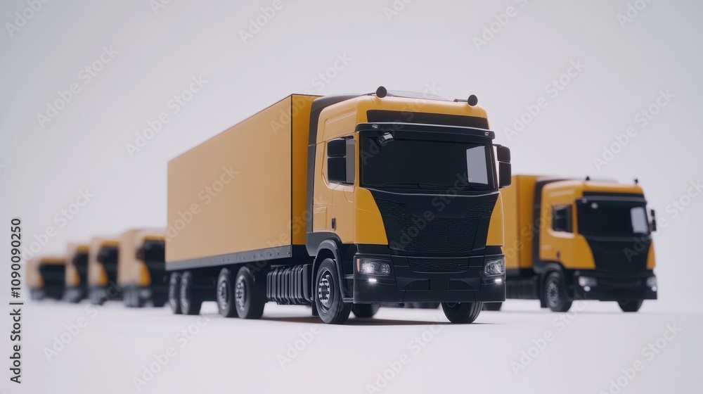 Poster a row of yellow delivery trucks lined up for transport and logistics.