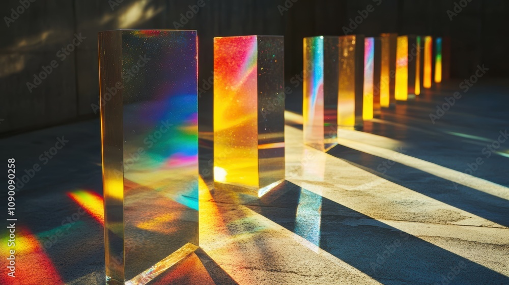 Poster colorful light reflections through transparent panels creating a stunning visual display on a concre