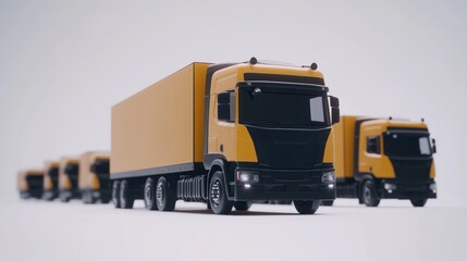 A row of yellow delivery trucks lined up for transport and logistics.