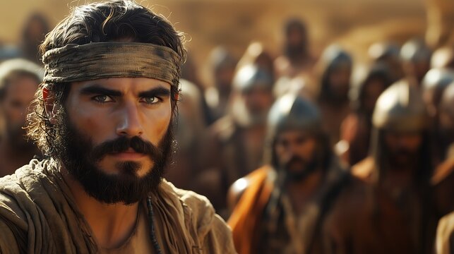 An image of Joshua, a leader of Israel, leading the people into Canaan. Josu&eacute; e o povo de israel