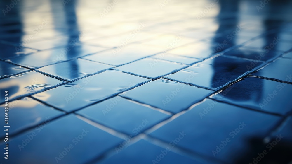 Poster reflections on glossy wet floor tiles with textured surface in soft natural lighting, capturing urba
