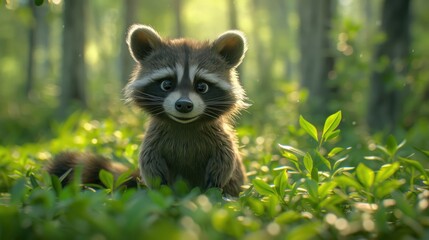 Adorable baby raccoon sitting in lush green forest.